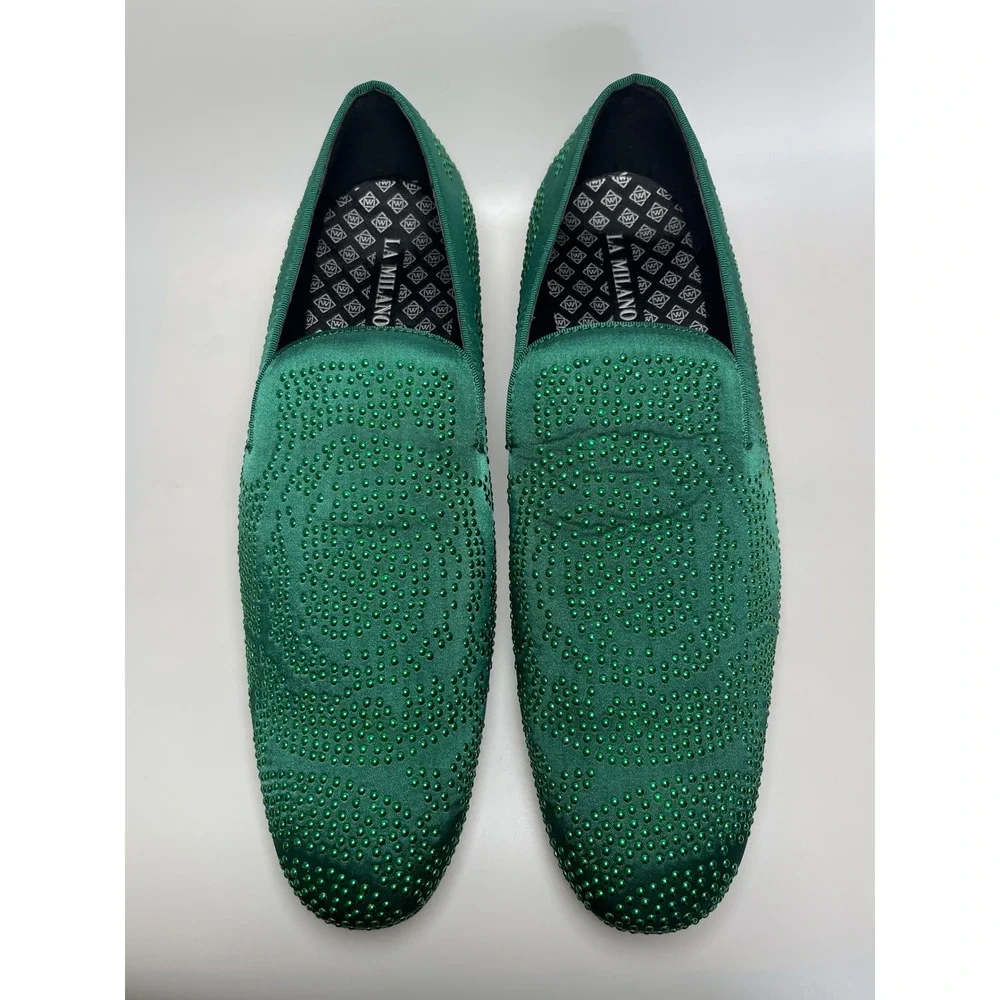 La Milano Mens Emerald Green Satin Rhinestone Studded Loafers Slip On Shoes 14
